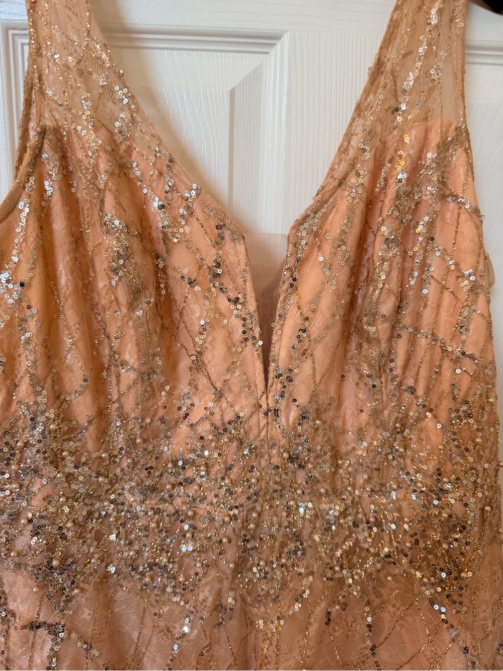 David’s Bridal Rose Gold Champagne Sequin Beaded A-Line Formal Gown – Fits 16–18